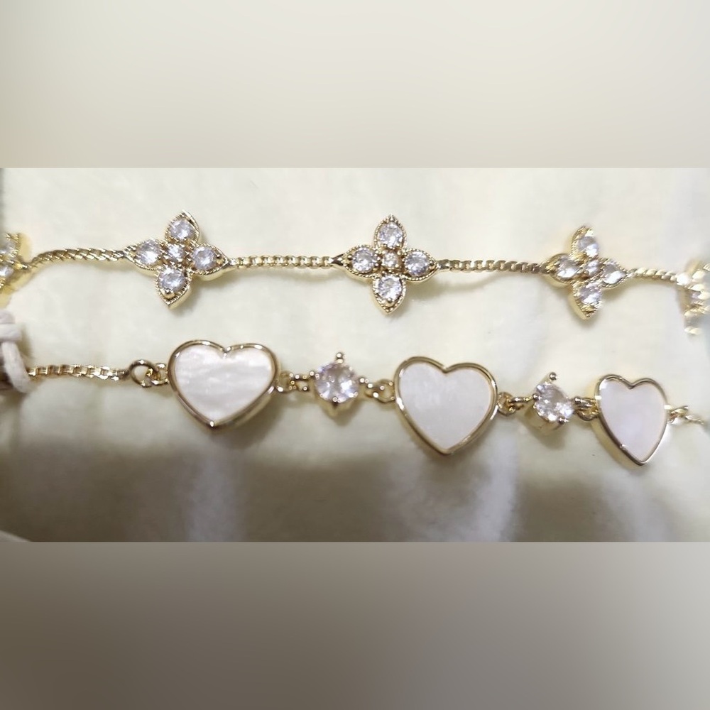 Opal Cubic Zirconia Flower Heart Gold Bracelets Set of2 EyeCandy Luxe Collection